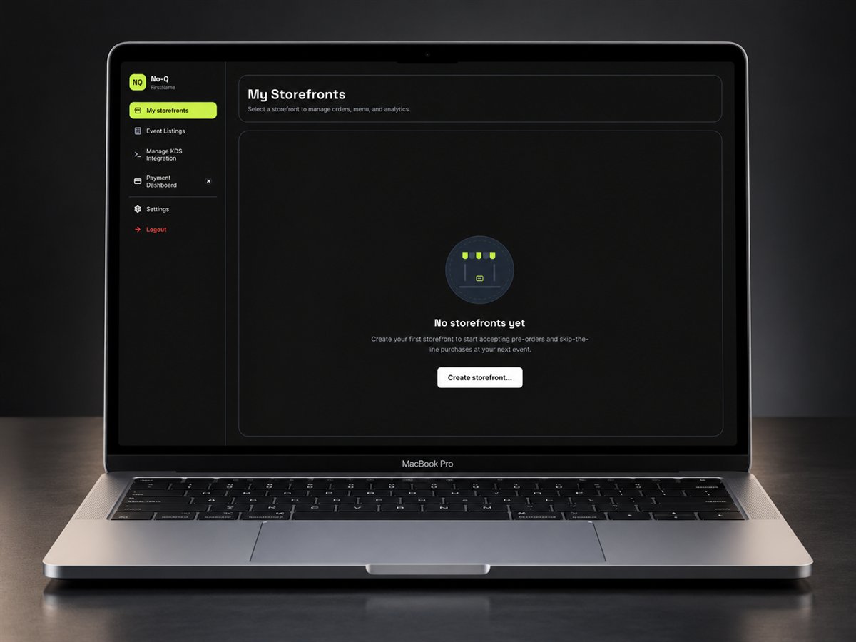 NO-Q vendor dashboard displayed on a laptop
